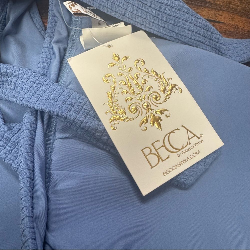BECCA Pucker Up Halter Bikini Top Mist Blue Adjustable Tie Back D XL NWT - Picture 9 of 10